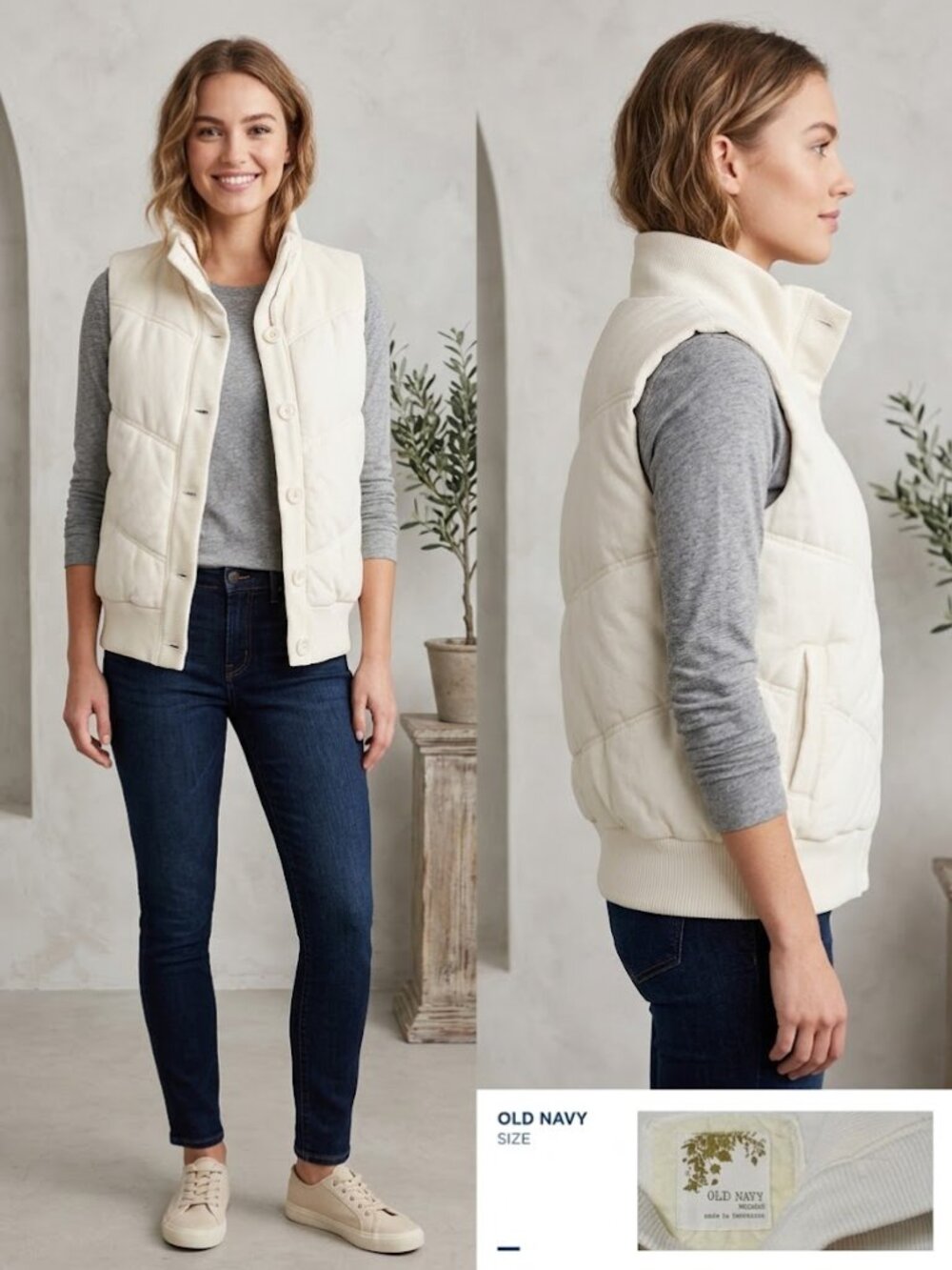Old Navy VTG Off White Cotton Blend Full Zip Big Button Puffer Vest Size Medium